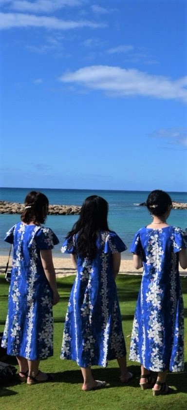 私がおそろいのハワイアンドレスを着て、ハワイの綺麗な海を眺めている様子をバックショットで映した写真