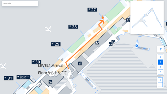 私が実際に乗り継ぎをしたルートを、ヘルシンキ・ヴァンター国際空港のフロアマップの
拡大図上(LEVEL2.Departure Floor の27番ゲート辺り)で示した画像