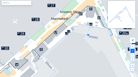 私が実際に見たヘルシンキ・ヴァンター国際空港のLEVEL2.Departure Floorのシェンゲン協定加盟国エリアにあるマリメッコとムーミンショップの免税店の場所をフロアマップ上に示した画像