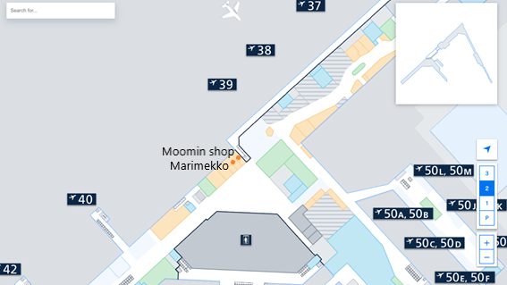 私が実際に見たヘルシンキ・ヴァンター国際空港のLEVEL2.Departure Floorのシェンゲン協定非加盟国エリアにあるマリメッコとムーミンショップの免税店の場所をフロアマップ上に示した画像