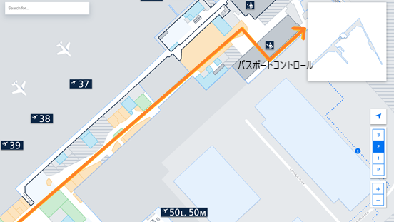 私が実際に乗り継ぎをしたルートを、ヘルシンキ・ヴァンター国際空港のフロアマップの
拡大図上(LEVEL2.Departure Floor の免税店～パスポートコントロール辺り)で示した画像