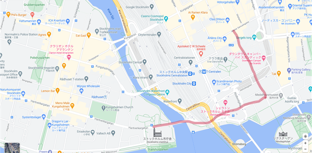 私たちが実際にT-Centralen駅からストックホルム市庁舎へ向かったルートを地図上で示した様子