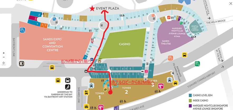 ホテルロビーからB2M階を通ってイベントプラザまで実際に歩いた道のりを地図上で示した図