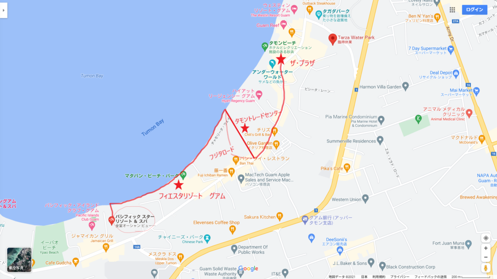 タモントレードセンターの場所と、フィエスタリゾート　グアムの場所と、砂浜歩き、フジタロードを通ってザ・プラザまでのルートを私が地図上で示した図